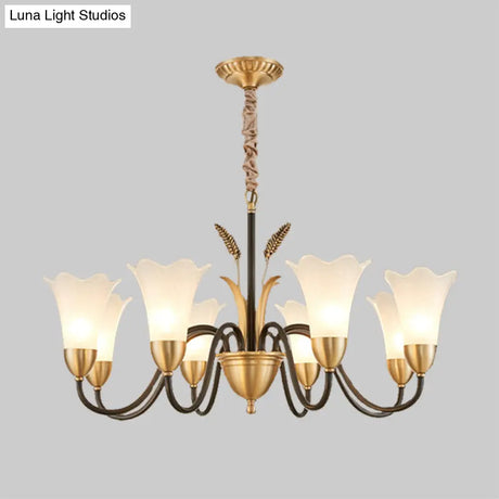 Country Style Mini Flower Pendulum Chandelier With Frosted Glass And Scroll Arm In Black/Gold - 6/8