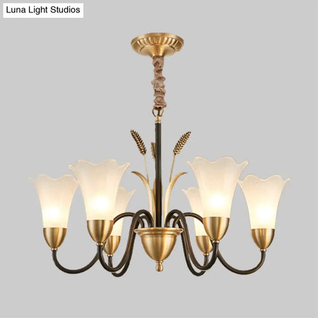 Country Style Mini Flower Pendulum Chandelier With Frosted Glass And Scroll Arm In Black/Gold - 6/8