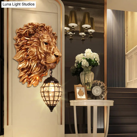 Country Style Resin Lion Wall Sconce: 1 Light Brown Lamp With Crystal Shade