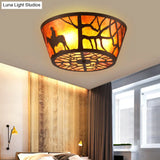 Country Style Round Marble Flushmount Ceiling Light With Bear/Horse Pattern And 3 Lights