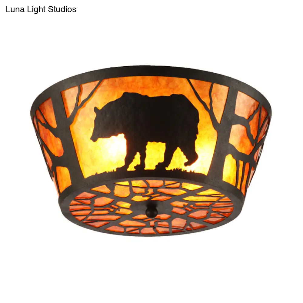 Country Style Round Marble Flushmount Ceiling Light With Bear/Horse Pattern And 3 Lights