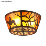 Country Style Round Marble Flushmount Ceiling Light With Bear/Horse Pattern And 3 Lights
