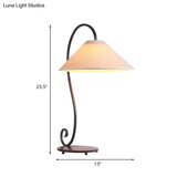 Country Style White Conical Table Lamp With Curved Arm: 1-Light Bedroom Night Light