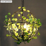 Country Style Wire Cage Iron Chandelier - Green Hanging Ceiling Light With Artificial Vine