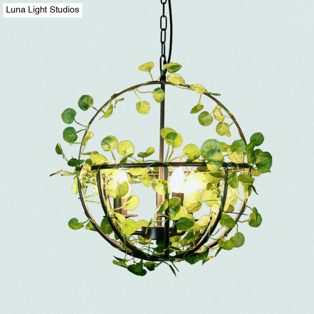 Country Style Wire Cage Iron Chandelier - Green Hanging Ceiling Light With Artificial Vine