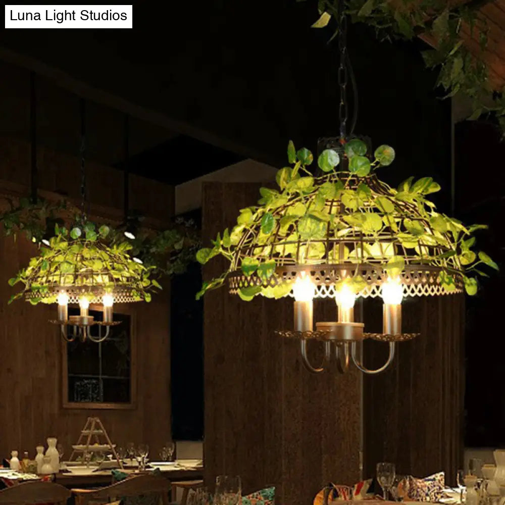 Country Style Wire Cage Iron Chandelier - Green Hanging Ceiling Light With Artificial Vine