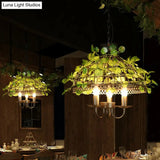 Country Style Wire Cage Iron Chandelier - Green Hanging Ceiling Light With Artificial Vine