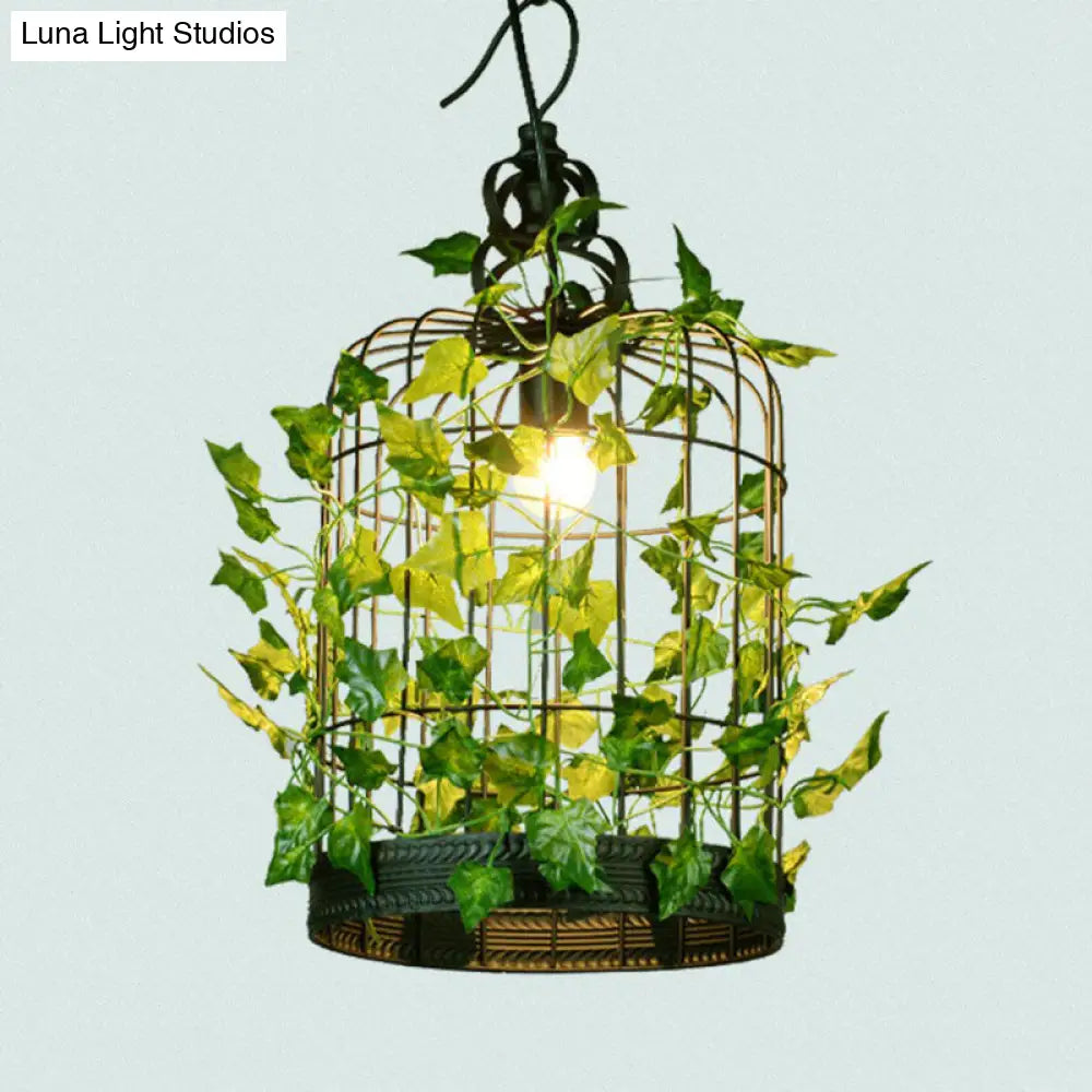Country Style Wire Cage Iron Chandelier - Green Hanging Ceiling Light With Artificial Vine
