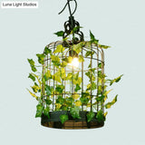Country Style Wire Cage Iron Chandelier - Green Hanging Ceiling Light With Artificial Vine