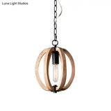 Country Style Wood Orb Drop Ceiling Pendant Light In Black For Foyer