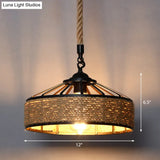 Country Style Wood Rope Pendant Light For Restaurants - Single Cage Shade Suspension