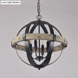 Black Wood Strap Globe Pendant Chandelier Kit - Country Living Room Hanging Lamp