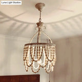 Country Style Wooden Beaded Pendant Ceiling Lamp With Iron Bellied Vase Hanging Frame - White 1 Bulb