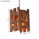 Country Style Wooden Pendant Lamp With Adjustable Chain - Brown Rectangular Design 1 Bulb Hanging