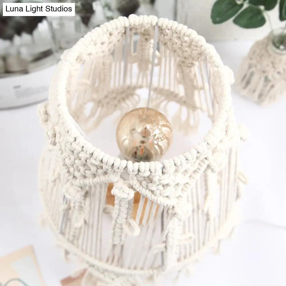 Country Style Yellow Nightstand Lamp With Tassel Fringe For Bedroom
