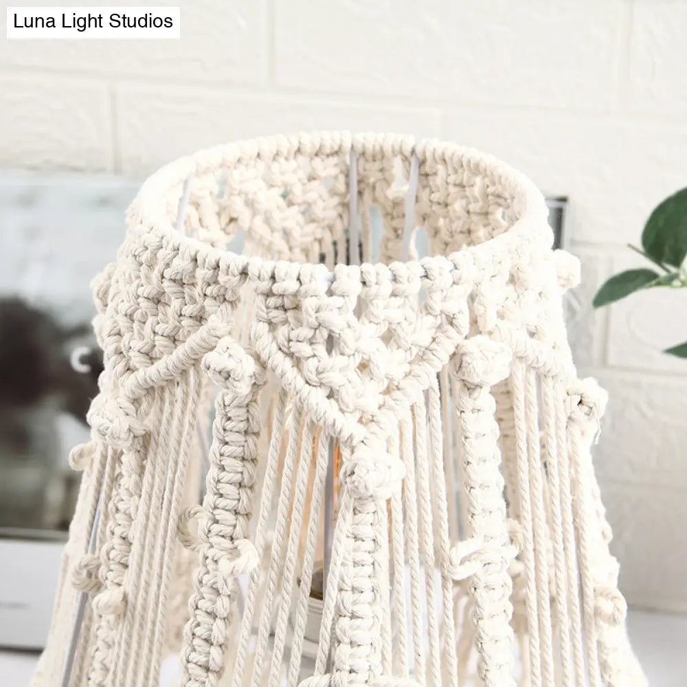 Country Style Yellow Nightstand Lamp With Tassel Fringe For Bedroom