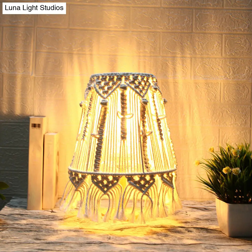 Country Style Yellow Nightstand Lamp With Tassel Fringe For Bedroom