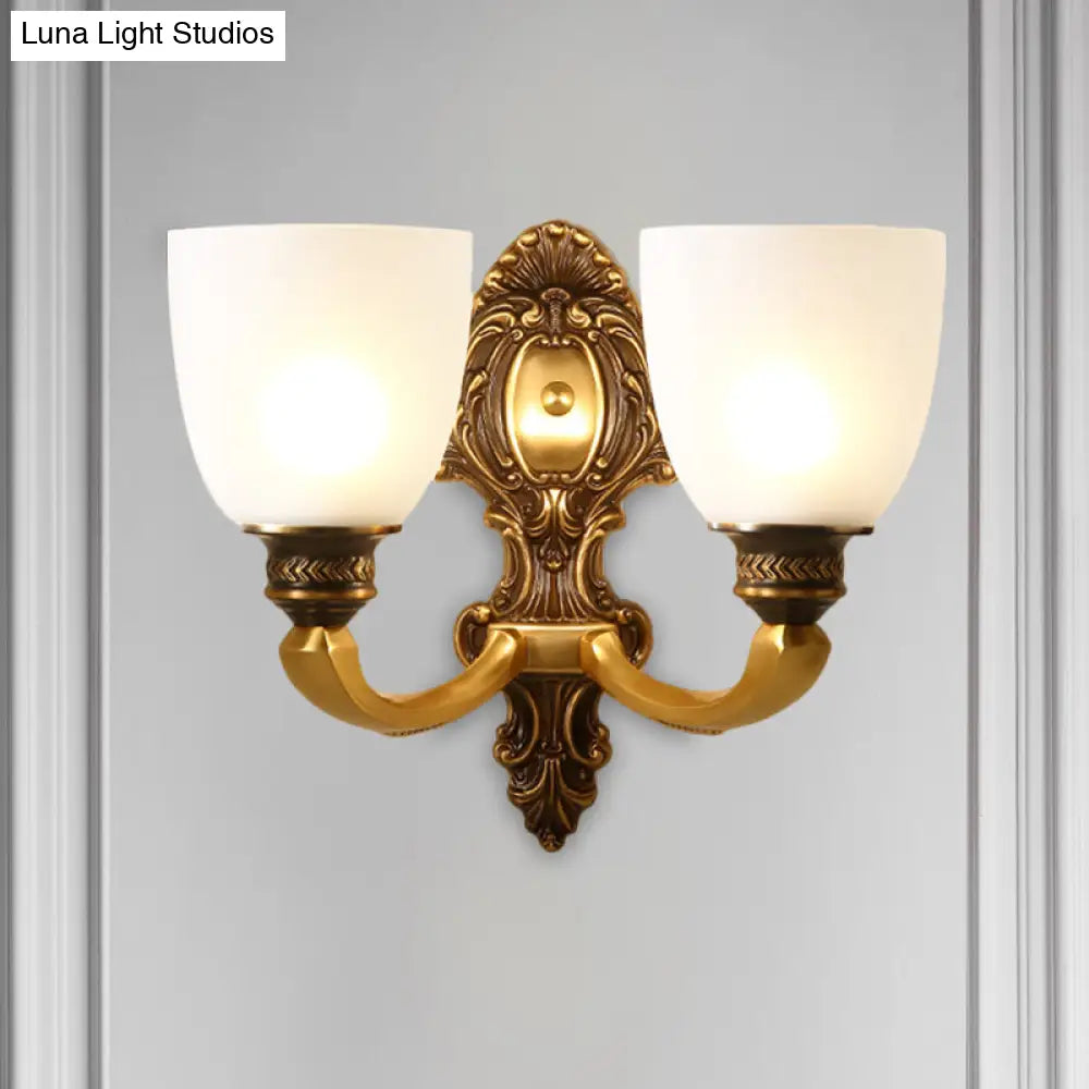 Country White Glass Wall Sconce Light - 2-Head Brass Fixture Inverted Bell Design 5/14 Wide