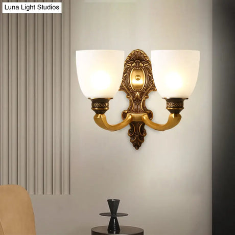Country White Glass Wall Sconce Light - 2-Head Brass Fixture Inverted Bell Design 5/14 Wide