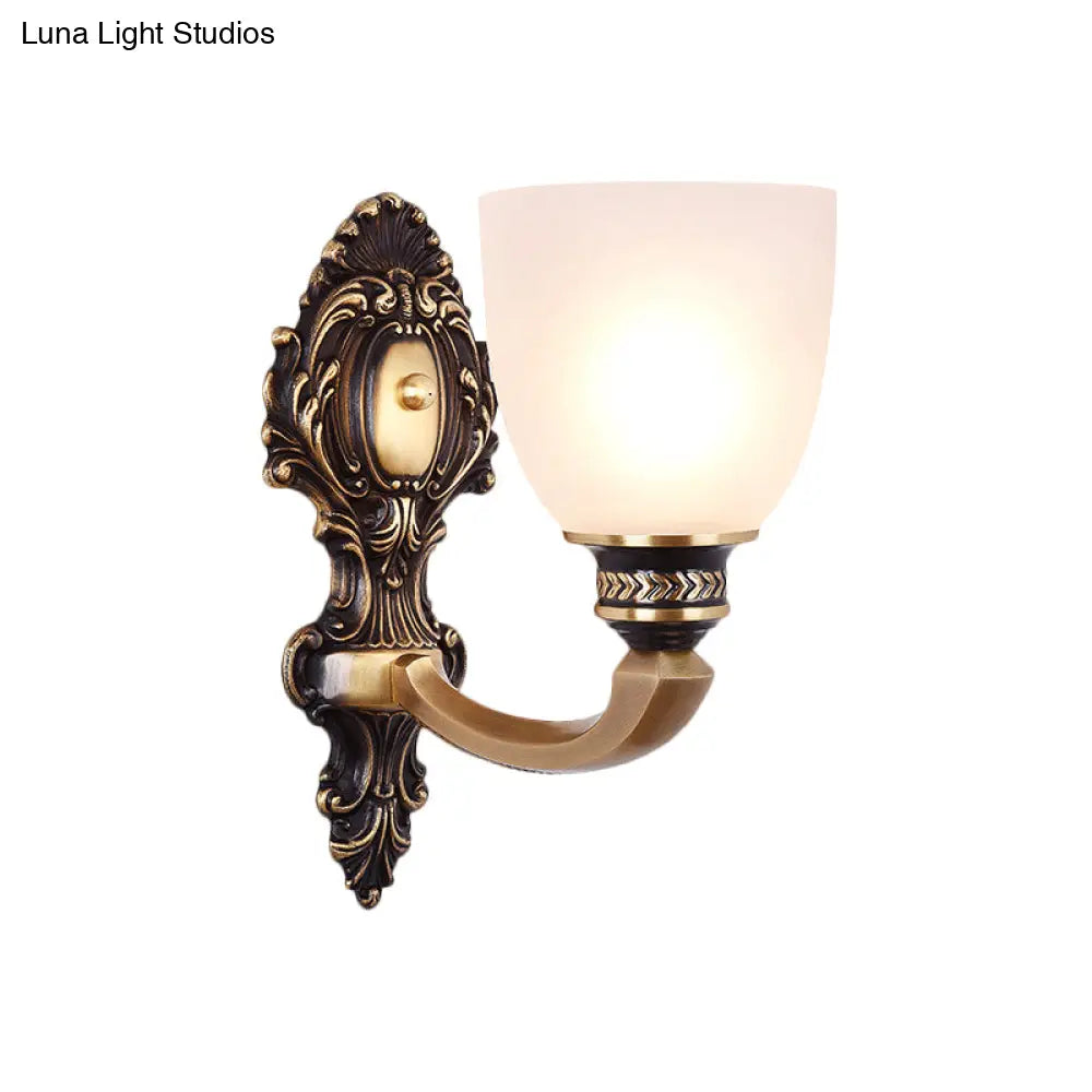 Country White Glass Wall Sconce Light - 2-Head Brass Fixture Inverted Bell Design 5/14 Wide