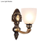 Country White Glass Wall Sconce Light - 2-Head Brass Fixture Inverted Bell Design 5/14 Wide