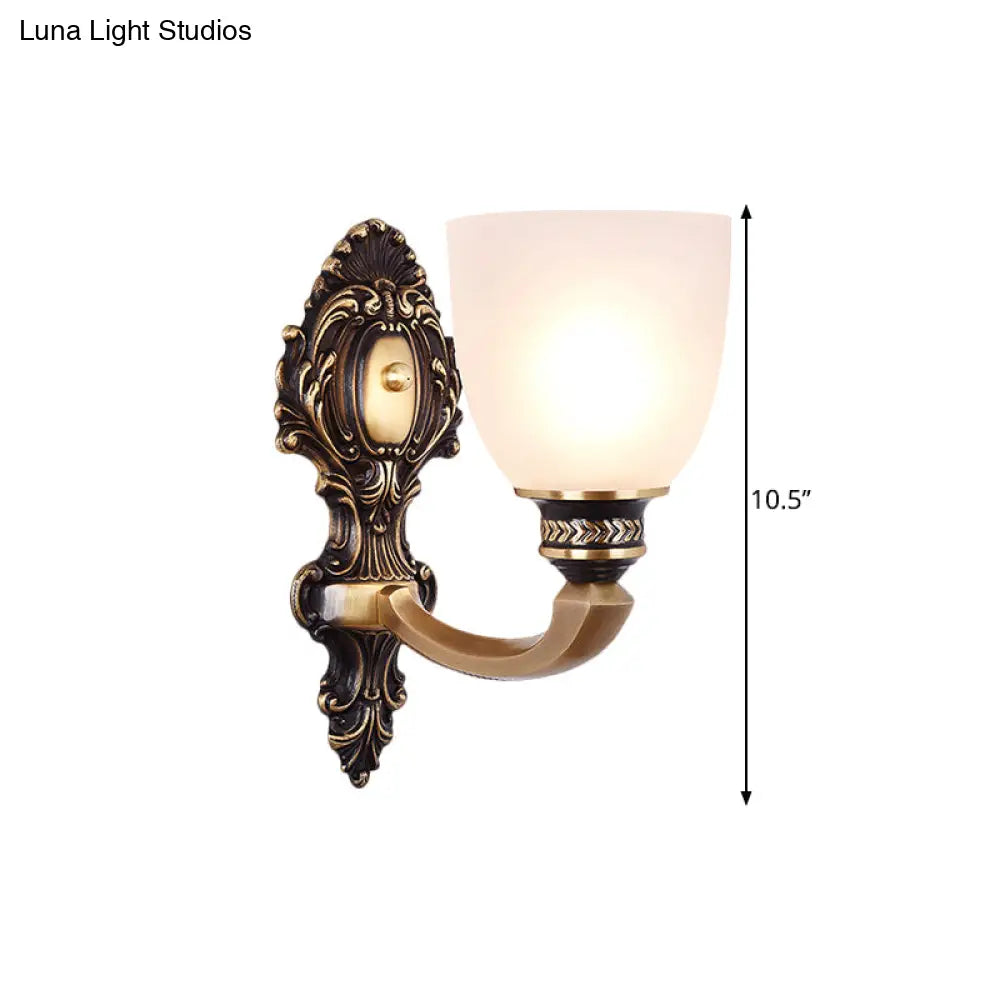 Country White Glass Wall Sconce Light - 2-Head Brass Fixture Inverted Bell Design 5/14 Wide