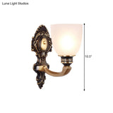 Country White Glass Wall Sconce Light - 2-Head Brass Fixture Inverted Bell Design 5/14 Wide