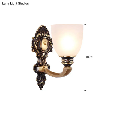 Country White Glass Wall Sconce Light - 2-Head Brass Fixture Inverted Bell Design 5/14 Wide