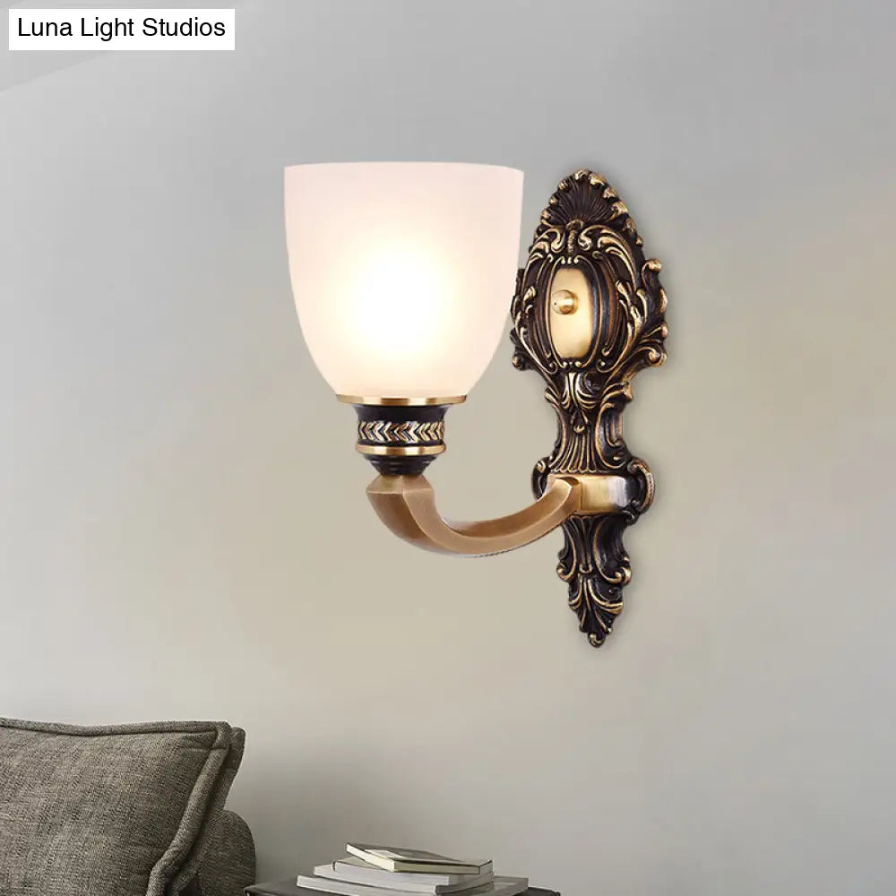 Country White Glass Wall Sconce Light - 2-Head Brass Fixture Inverted Bell Design 5/14 Wide