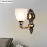 Country White Glass Wall Sconce Light - 2-Head Brass Fixture Inverted Bell Design 5/14 Wide