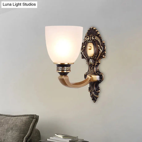 Country White Glass Wall Sconce Light - 2-Head Brass Fixture Inverted Bell Design 5/14 Wide