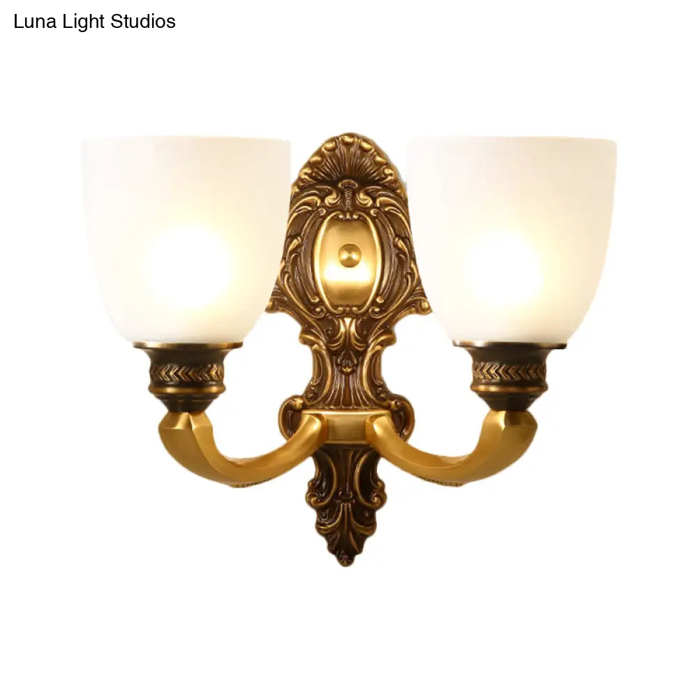 Country White Glass Wall Sconce Light - 2-Head Brass Fixture Inverted Bell Design 5/14 Wide
