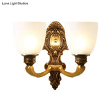 Country White Glass Wall Sconce Light - 2-Head Brass Fixture Inverted Bell Design 5/14 Wide