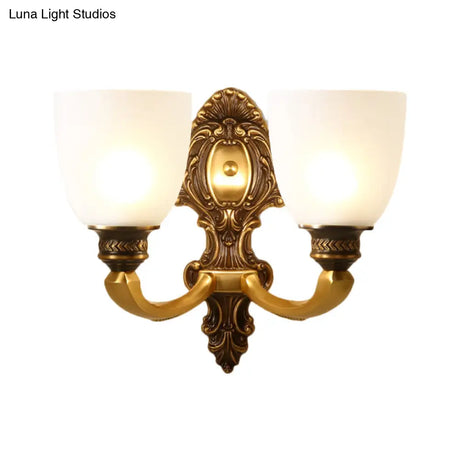 Country White Glass Wall Sconce Light - 2-Head Brass Fixture Inverted Bell Design 5/14 Wide