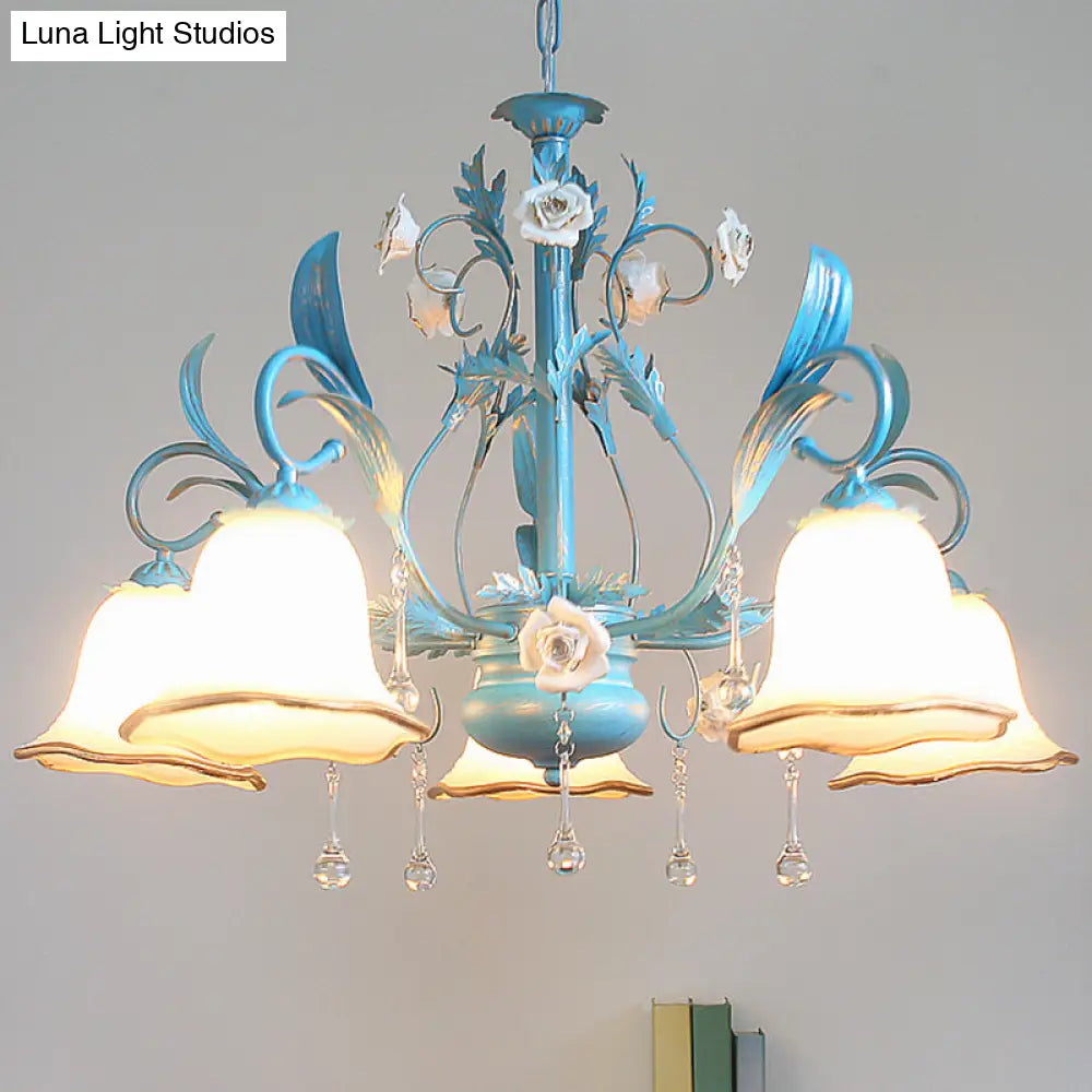 Countryside Bedroom Pendant Chandelier With Frosted Glass Shade And Crystal Decor In Blue - 3/5/8