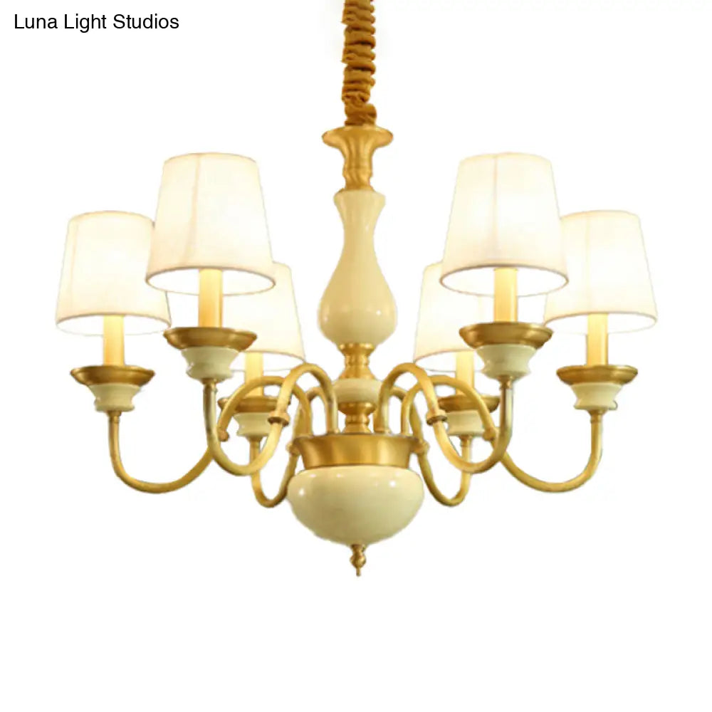 Countryside Ceramic Candelabra Chandelier Pendant Lamp With Fabric Cone Shade - 3/6/8-Bulb Bedroom