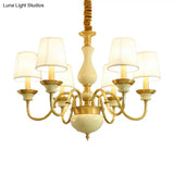 Countryside Ceramic Candelabra Chandelier Pendant Lamp With Fabric Cone Shade - 3/6/8-Bulb Bedroom