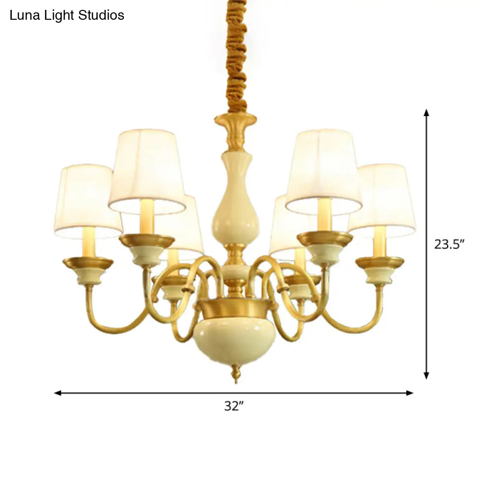 Countryside Ceramic Candelabra Chandelier Pendant Lamp With Fabric Cone Shade - 3/6/8-Bulb Bedroom