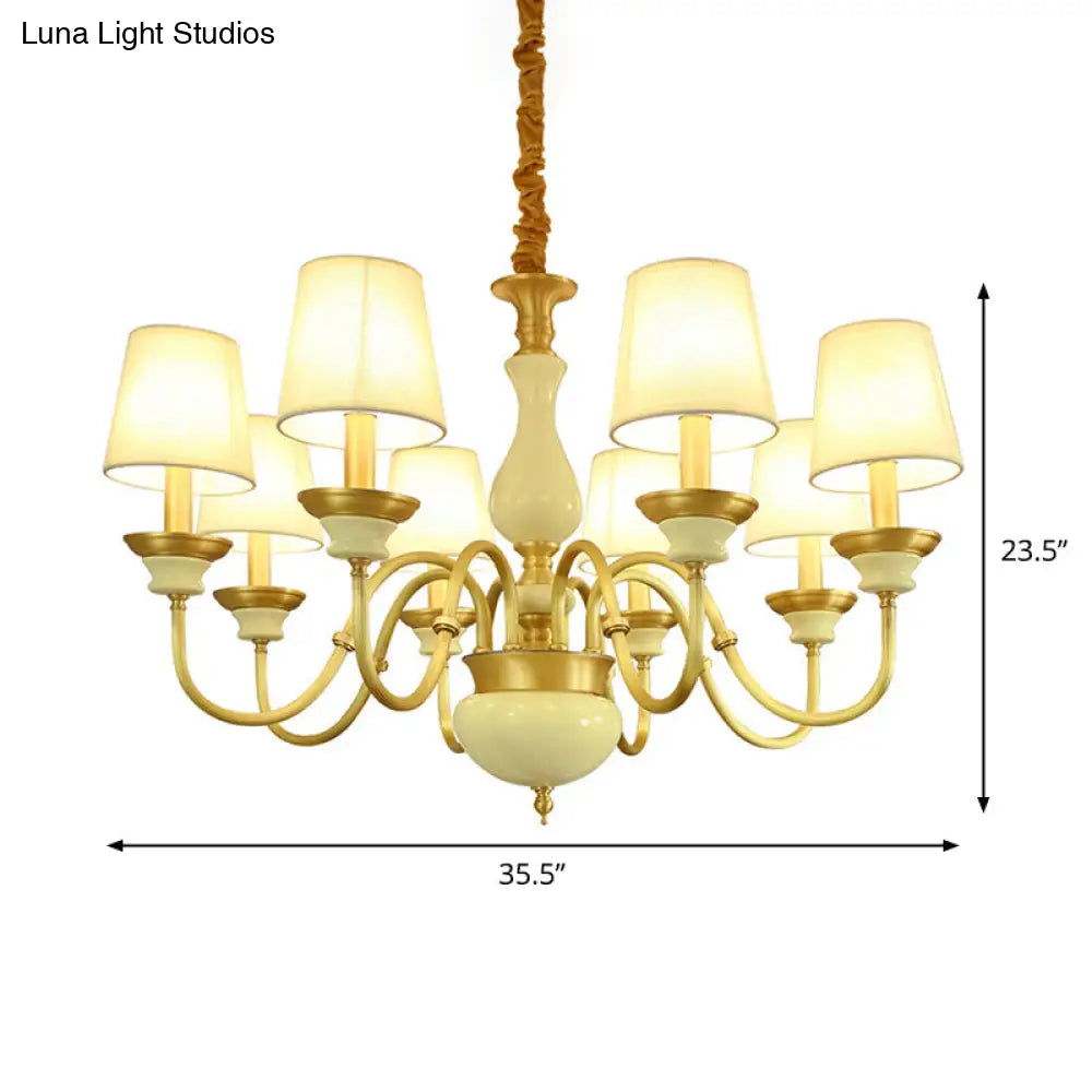 Countryside Ceramic Candelabra Chandelier Pendant Lamp With Fabric Cone Shade - 3/6/8-Bulb Bedroom