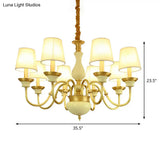 Countryside Ceramic Candelabra Chandelier Pendant Lamp With Fabric Cone Shade - 3/6/8-Bulb Bedroom