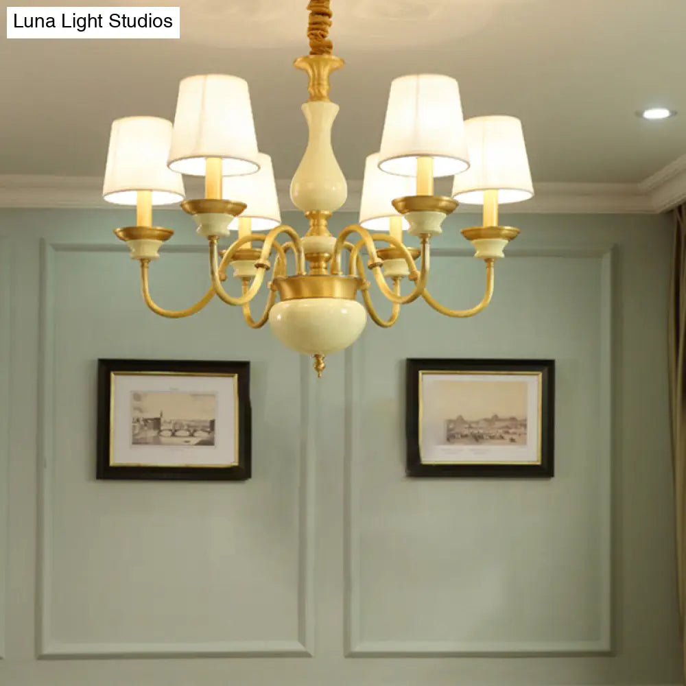 Countryside Ceramic Candelabra Chandelier Pendant Lamp With Fabric Cone Shade - 3/6/8-Bulb Bedroom