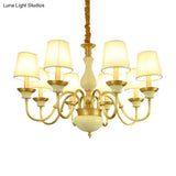 Countryside Ceramic Candelabra Chandelier Pendant Lamp With Fabric Cone Shade - 3/6/8-Bulb Bedroom