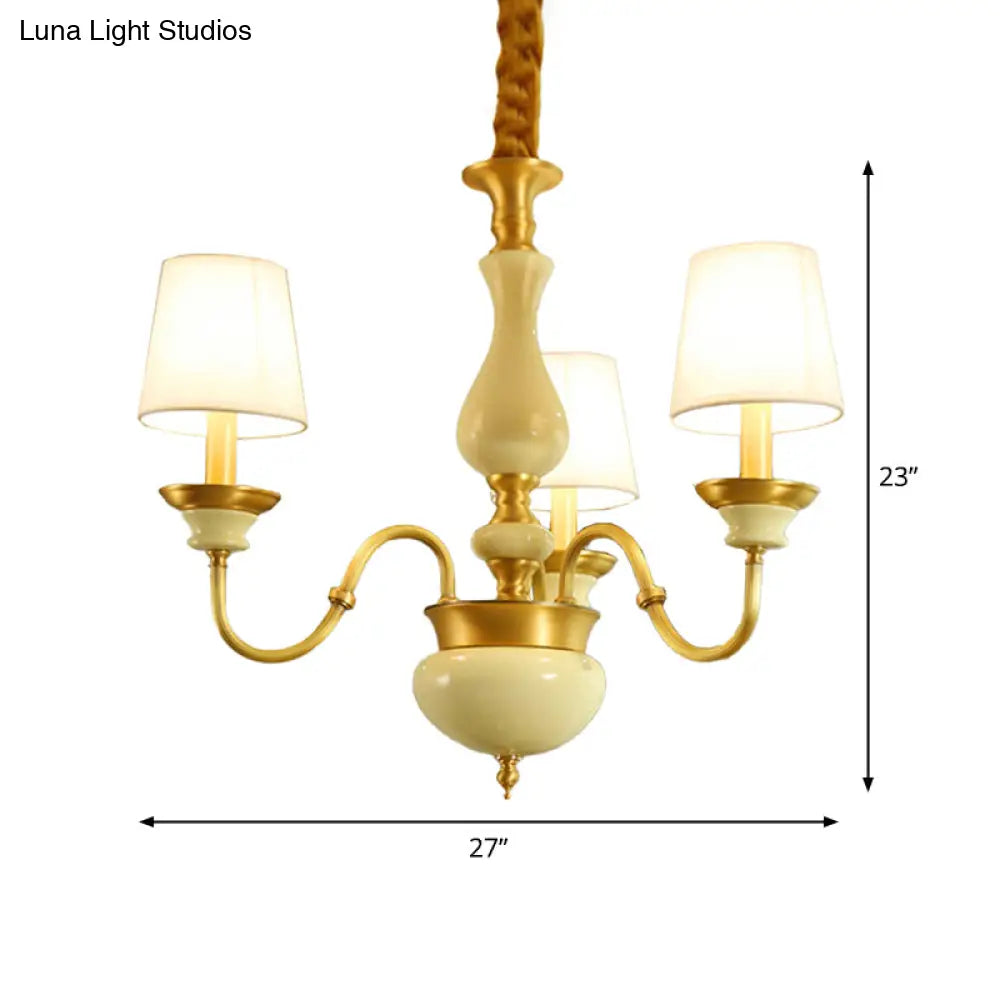 Countryside Ceramic Candelabra Chandelier Pendant Lamp With Fabric Cone Shade - 3/6/8-Bulb Bedroom