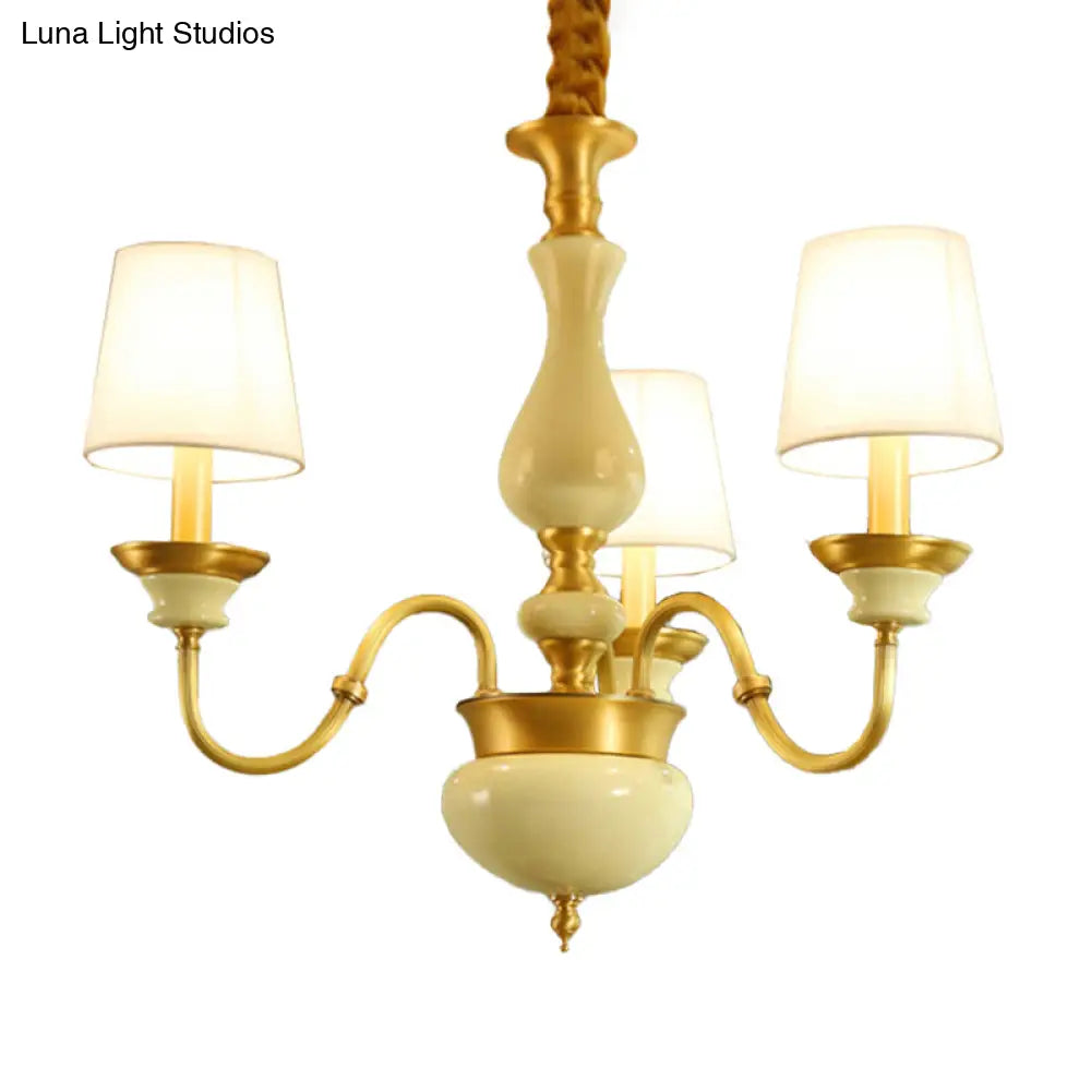 Countryside Ceramic Candelabra Chandelier Pendant Lamp With Fabric Cone Shade - 3/6/8-Bulb Bedroom