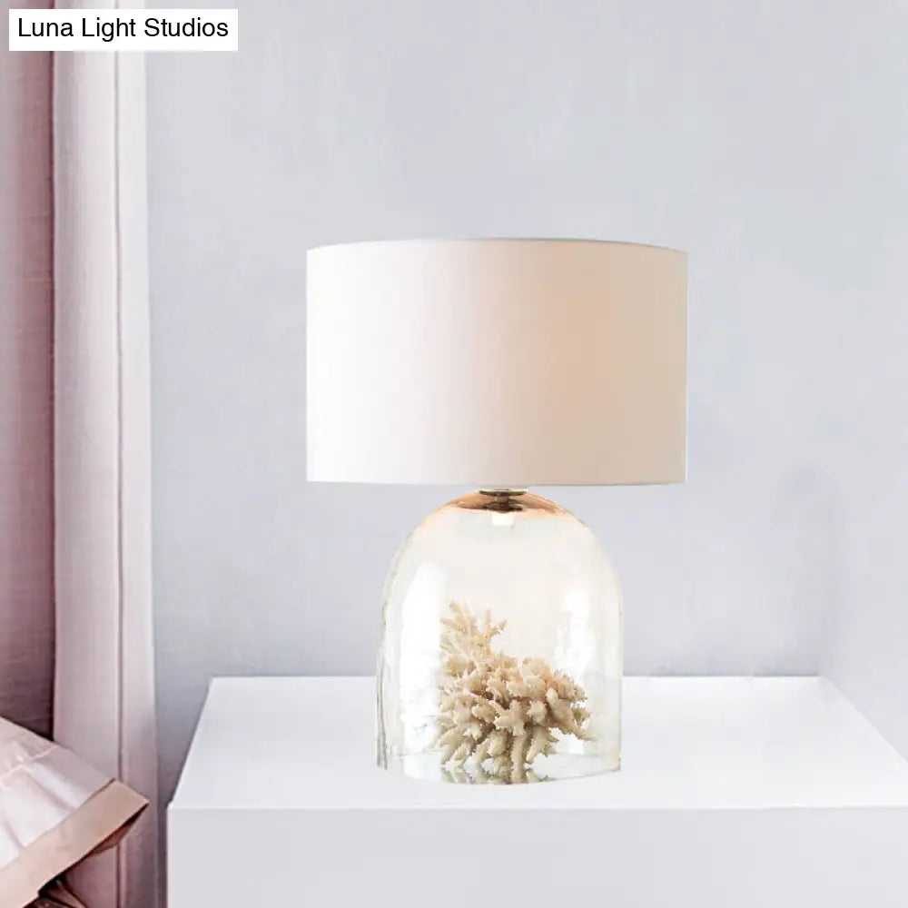 Countryside Clear Glass Bell Bedroom Night Lamp White Fabric Nightstand Light - 1-Light