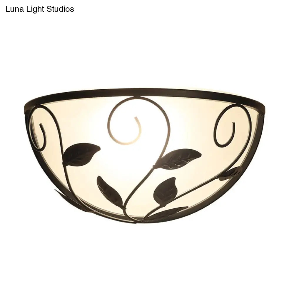 Countryside Cream Glass Wall Lamp With Cane Decoration - Black Flush Mount