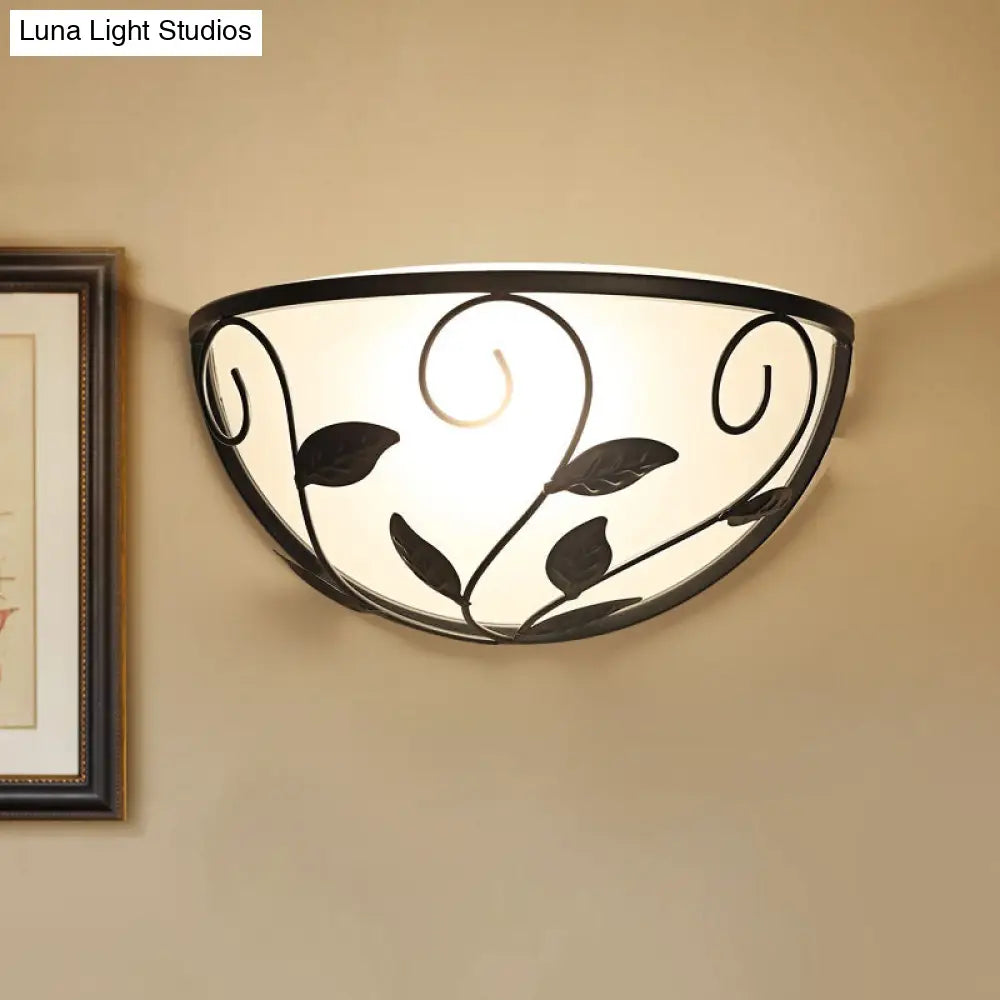 Countryside Cream Glass Wall Lamp With Cane Decoration - Black Flush Mount