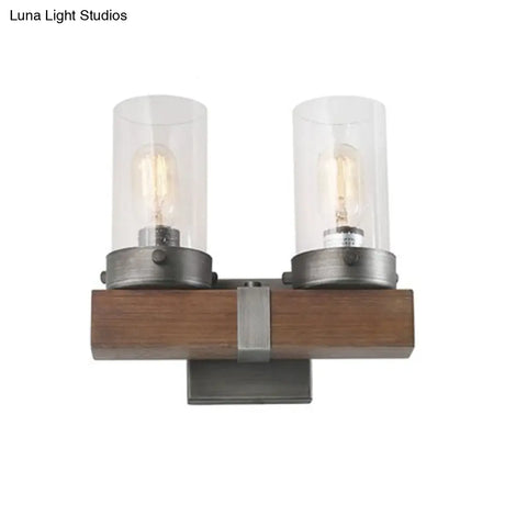 Countryside Cylindrical Wall Sconce Light - Clear Glass Lamp Fixture In Brown