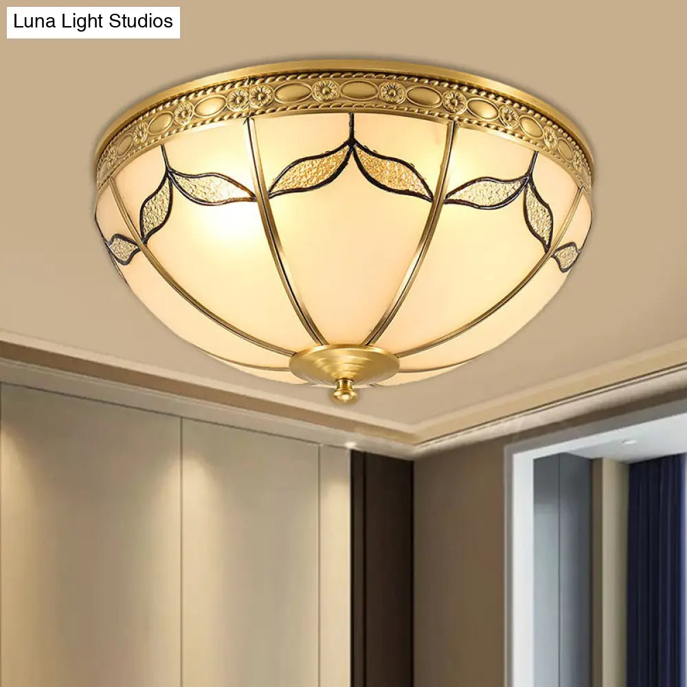 Countryside Domed Flush Lamp With Leaf Pattern In Brass - 3/4 Lights Milky Glass Ceiling Mounted