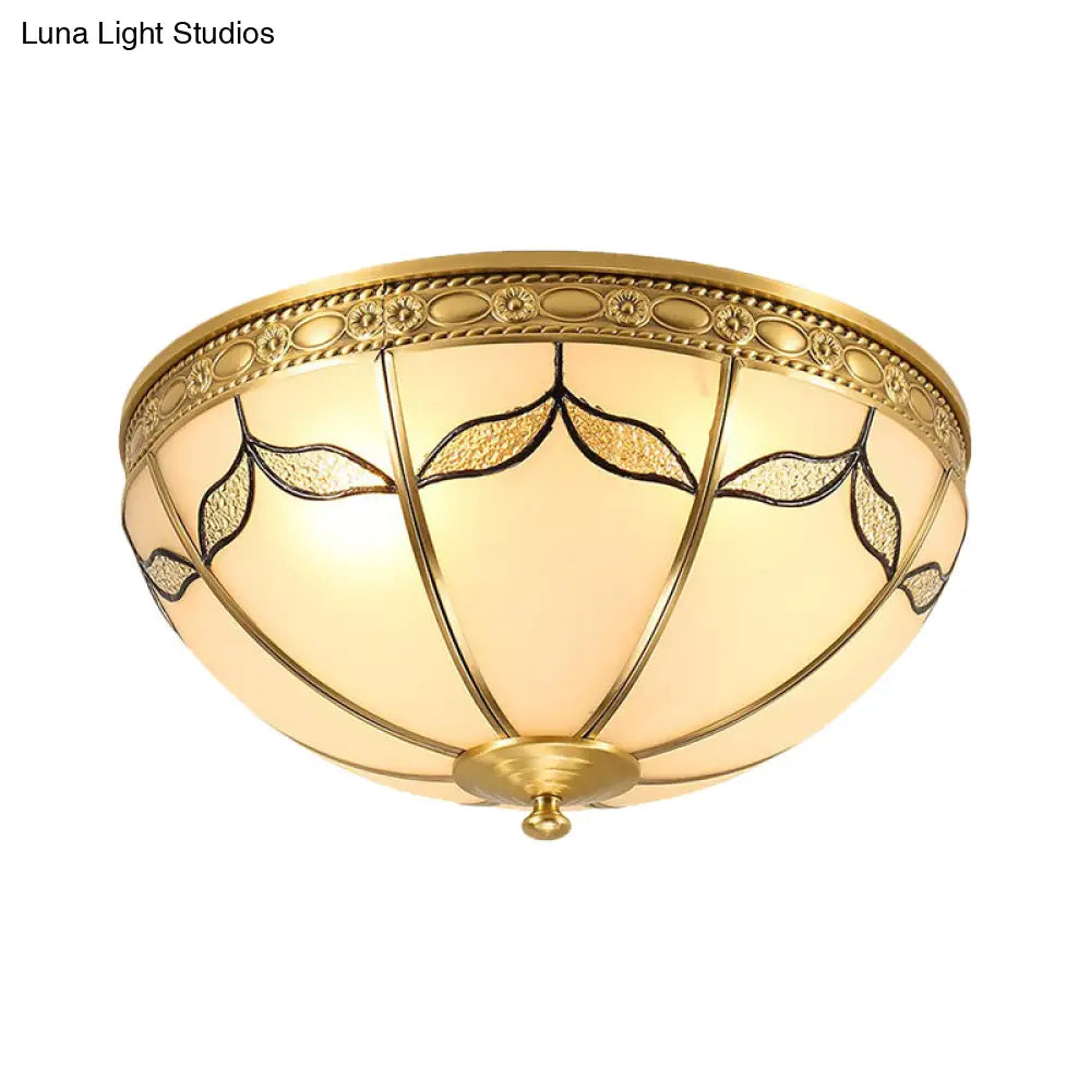Countryside Domed Flush Lamp With Leaf Pattern In Brass - 3/4 Lights Milky Glass Ceiling Mounted